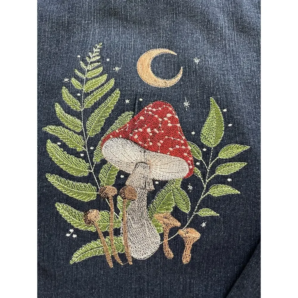Custom Embroidered Denim Jacket Time & Tru XL Boho Mushroom Garden Fern Design - Picture 2 of 7